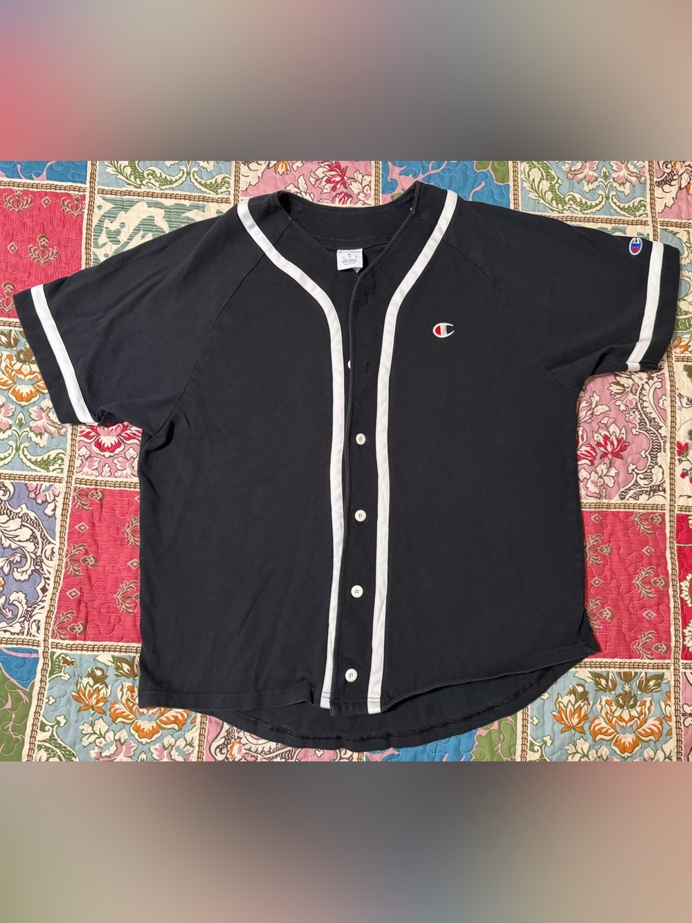 Champion Black Baseball Jersey Button Up Shirt XL White Trim Logo